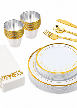 175PCS Gold Rim Disposable Dinnerware Set for 25 Guests – Elegant Party Plates Cups & Utensils