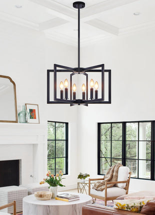 Likeshoppe Industrial Black Metal Chandelier with 6 Lights – Modern Geometric Pendant Lighting for Dining Room or Kitchen