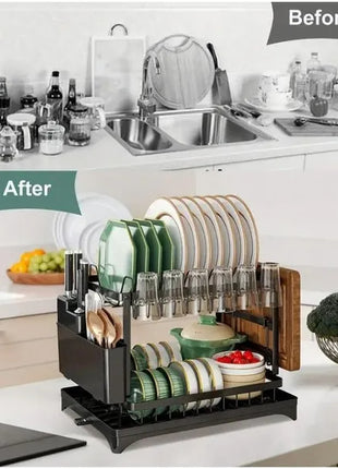 2-Tier Kitchen Dish Drying Rack Large Capacity – Dish Rack with Drain Board & Rotatable Spout