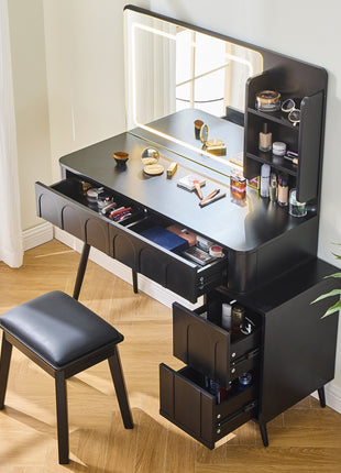Modern Makeup Vanity Desk with LED Mirror – Black Dressing Table with 4 Drawers & Stool