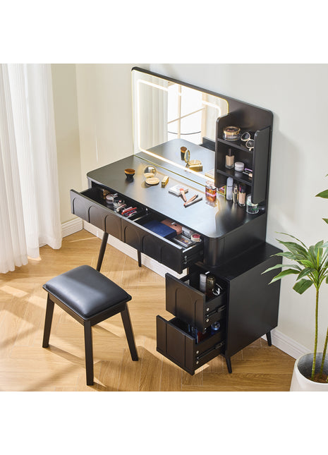 Modern Makeup Vanity Desk with LED Mirror – Black Dressing Table with 4 Drawers & Stool