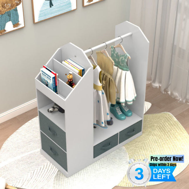AX6- Kids Costume Organizer; Costume Rack; Kids Armoire; Open Hanging Armoire Closet with Mirror-WHITE - Likeshoppe 