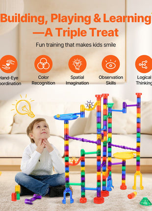 Likeshoppe Marble Run Building Set – 145 Piece Motorized Marble Race Track STEM Toy with Glow Marbles for Kids+