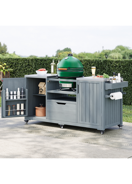 66.5" Outdoor Kitchen Island Grill Cart with Stainless Steel Countertop & Storage Cabinets – Solid Wood BBQ Prep Table (Grey Blue)
