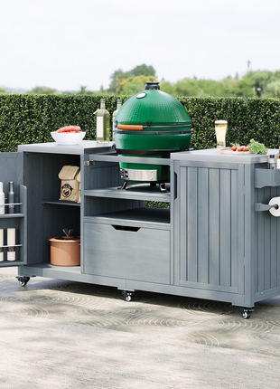 66.5" Outdoor Kitchen Island Grill Cart with Stainless Steel Countertop & Storage Cabinets – Solid Wood BBQ Prep Table (Grey Blue)