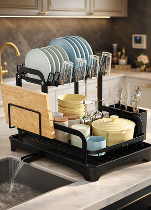2-Tier Dish Drying Rack with Drainboard – Large Capacity Kitchen Dish Rack with Utensil Holder & Auto Drain System