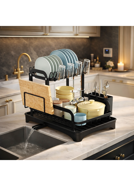 2-Tier Dish Drying Rack with Drainboard – Large Capacity Kitchen Dish Rack with Utensil Holder & Auto Drain System