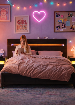 LED Nightstand with 2 Drawers – Modern Black Bedside Table with RGB Lights (Set of 2)