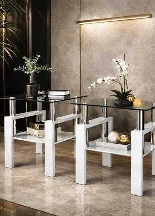 Modern Tempered Glass Coffee Table Set of 2 – Square End Tables with Storage Shelf LS3