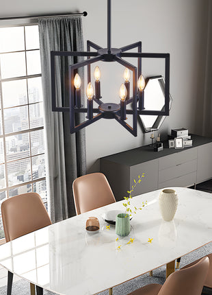 Likeshoppe Industrial Black Metal Chandelier with 6 Lights – Modern Geometric Pendant Lighting for Dining Room or Kitchen
