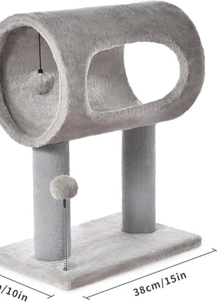Gray Cat Tree Tower with Tunnel Bed & Scratching Posts – Indoor Cat Condo with Hanging Toys