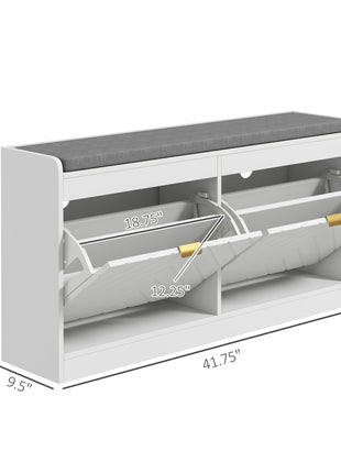 Narrow Entryway Shoe Storage Bench with Cushion – White Flip Drawer Shoe Rack Cabinet