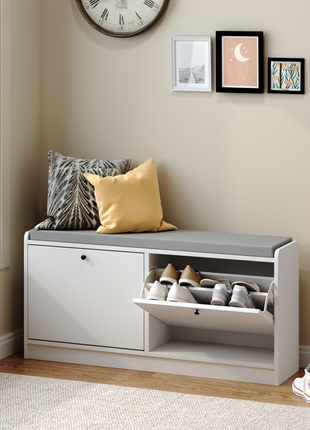 Entryway Shoe Storage Bench with Cushion – White Shoe Rack Organizer Cabinet for Hallway & Bedroom