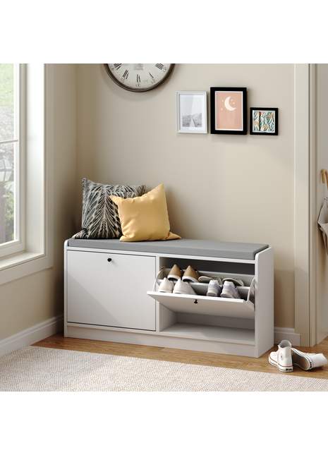 Entryway Shoe Storage Bench with Cushion – White Shoe Rack Organizer Cabinet for Hallway & Bedroom