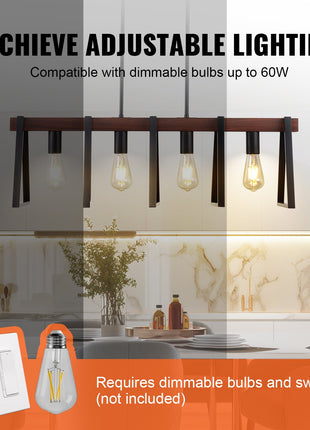 4-Light Kitchen Island Pendant Light with Adjustable Rods – Modern Black Metal Dining Room Chandelier with Walnut Wood Finish