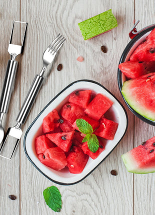 5PCS 2-in-1 Watermelon Cutter Fork Set – Stainless Steel Fruit Slicer for Easy Cubes