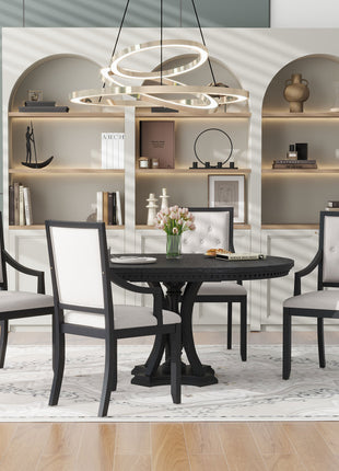 Retro 5-Piece Extendable Round Dining Set – Black Oak Kitchen Dining Table with 4 Chairs