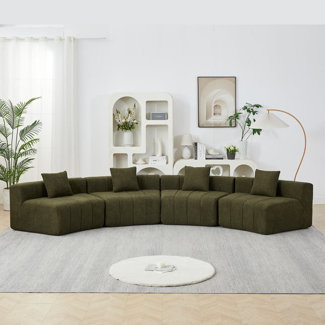 Likeshoppe Curved Modular Chenille Sectional Sofa – Green 4-Seat Semi-Circular Cloud Couch with Pillows for Living Room