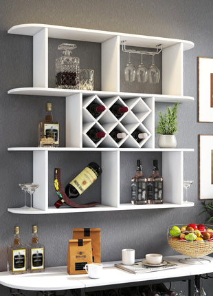Likeshoppe Wall Mounted 3 Tier Wine Rack with Glass Holder – Rustic Wooden Wine Storage Shelf for Home Bar, Kitchen & Dining Room (White)