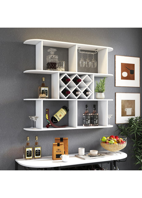 Likeshoppe Wall Mounted 3 Tier Wine Rack with Glass Holder – Rustic Wooden Wine Storage Shelf for Home Bar, Kitchen & Dining Room (White)