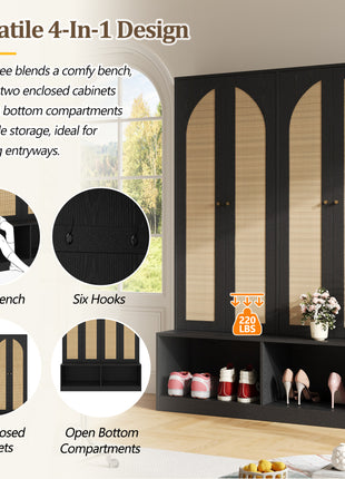 Farmhouse Hall Tree with Rattan Doors – Entryway Bench with Shoe Storage
