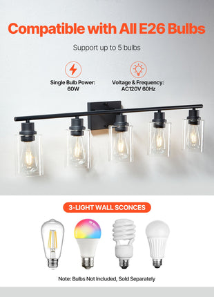 Likeshoppe 60W 5 Light Bathroom Vanity Light with Glass Shades – E26 Modern Fixture for Mirror Lighting (Up/Down Installation)