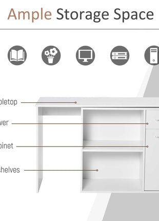 L Shaped Computer Desk, 180° Rotating Corner Desk with Storage Shelves, Drawer and Cabinet, Study Workstation for Home Office, White