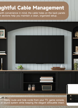 91" Arched Entertainment Center Wall Unit – Farmhouse TV Stand with Bookshelf for TVs up to 70"
