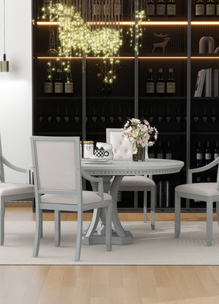 Retro 5-Piece Extendable Round Dining Set – Antique Gray Oak Table with 4 Chairs