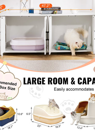 Cat Litter Box Enclosure Furniture – Hidden Wooden Cat Washroom Cabinet with 2 Rooms White