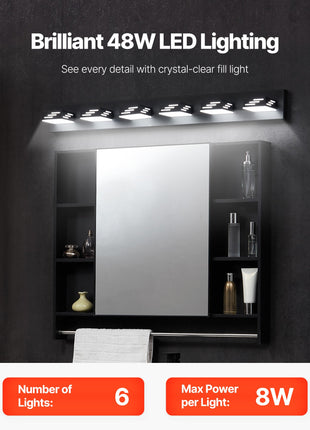 Likeshoppe 48W LED Vanity Light with 6 Rotatable Heads – Ultra Bright Waterproof Bathroom Light Fixture for Mirror & Makeup Lighting