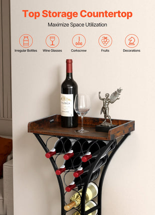 Freestanding 15 Bottle Wine Rack with Top Shelf – Modern Metal Floor Wine Storage Organizer for Kitchen, Dining Room & Home Bar