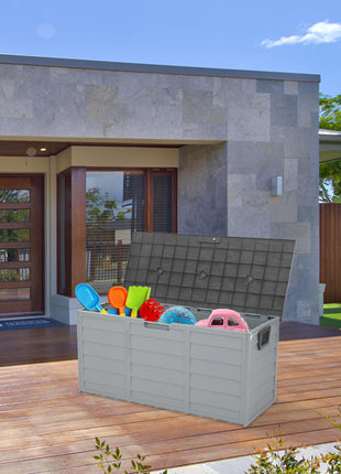 75 Gallon Outdoor Storage Deck Box with Wheels – Weatherproof Garden Tool & Patio Cushion Storage (Grey)
