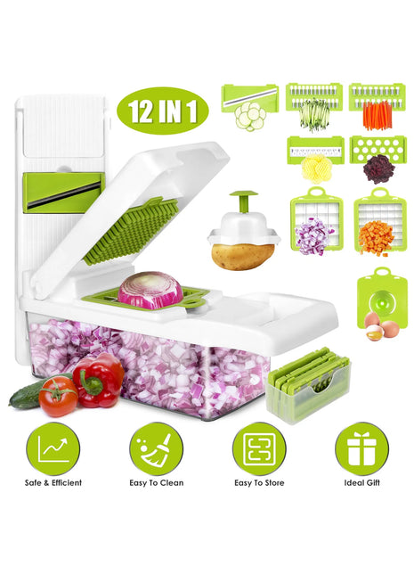 12-in-1 Vegetable Chopper Slicer Dicer Set – Kitchen Food Cutter with Container & Graters