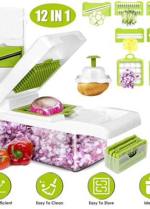 12-in-1 Vegetable Chopper Slicer Dicer Set – Kitchen Food Cutter with Container & Graters