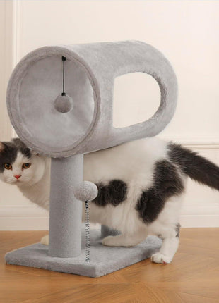 Gray Cat Tree Tower with Tunnel Bed & Scratching Posts – Indoor Cat Condo with Hanging Toys