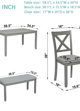 Likeshoppe 6 Piece Kitchen Dining Set, Rectangular Wooden Dining Table With 4 Upholstered Chairs And A Bench, Dining Table Set For 6 People, Living Room, Home Bar And Kitchen, Gray