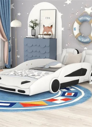 Likeshoppe Twin Size Race Car-Shaped Platform Bed With Wheels, White