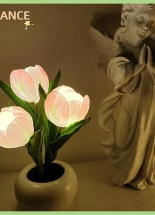 LED Tulip Table Lamp USB Rechargeable – Flower Vase Decorative Night Light with Adjustable Brightness