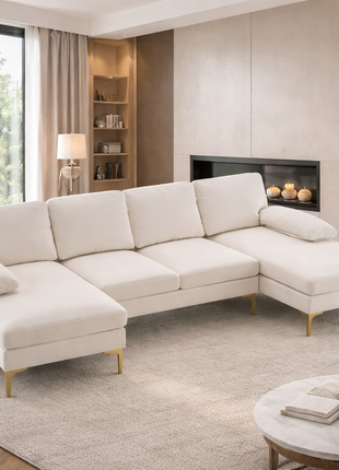 Likeshoppe U-Shaped 4-Seat Modular Sectional Sofa – Luxury Chenille Living Room Couch in Cream & Creamy White
