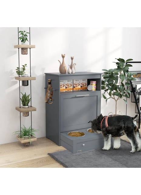 Pet Feeder Station with Storage Cabinet – Raised Dog Bowl Feeding Station Grey