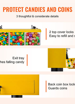 Vintage Gumball Machine Coin Bank – 3 Compartment Candy Dispenser Stand Yellow