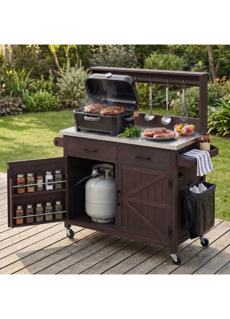 54.1" Outdoor Kitchen Island Cart with Stainless Steel Top, Storage Cabinets & High Shelf Hooks – Solid Wood BBQ Prep Table (Brown)