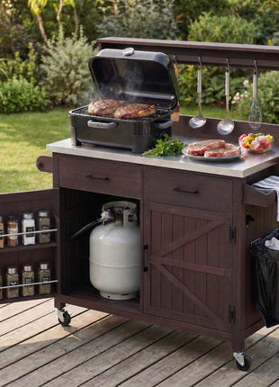 54.1" Outdoor Kitchen Island Cart with Stainless Steel Top, Storage Cabinets & High Shelf Hooks – Solid Wood BBQ Prep Table (Brown)
