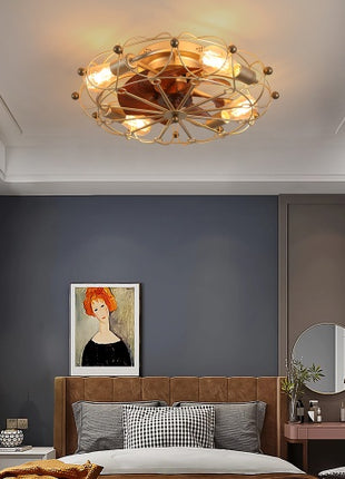 Likeshoppe Gold Caged Ceiling Fan with Light & Remote – Modern Low Profile Flush Mount Fan with 6 Speeds for Bedroom, Kitchen & Living Room