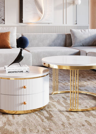 White Round Nesting Coffee Table Set with Drawers – Modern Coffee Tables with Gold Legs