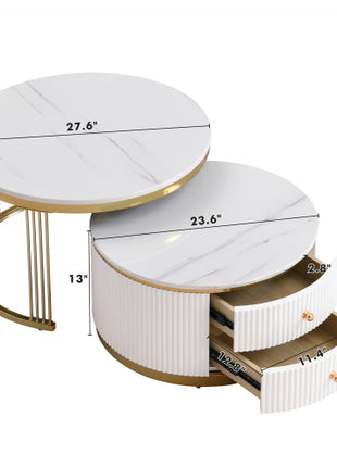 White Round Nesting Coffee Table Set with Drawers – Modern Coffee Tables with Gold Legs