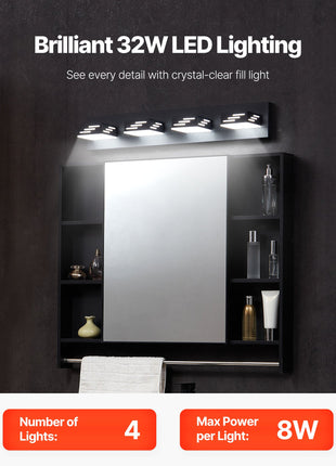 Likeshoppe 32W LED Vanity Light with 4 Rotatable Heads – Modern Waterproof Bathroom Light Fixture for Mirror & Makeup Lighting