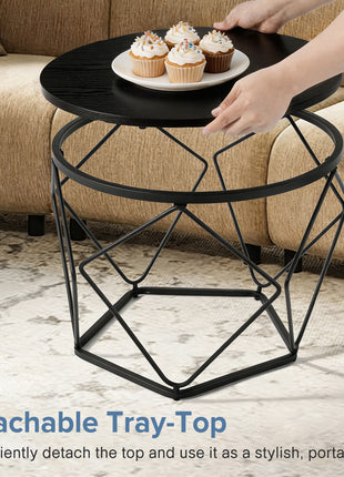 Modern Geometric Nesting Coffee Table Set with Hidden Storage – Round Side Tables