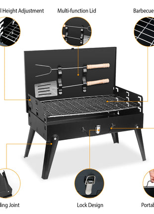 Portable Charcoal BBQ Grill Foldable Suitcase Camping Grill with Adjustable Heights for Outdoor Cooking